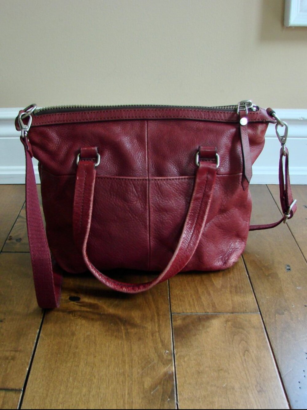 Fossil Dawson Burgundy Leather Satchel Bag Purse Crossbody Cow Hide Long Strap - Picture 3 of 16